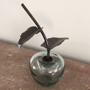 Vintage Handblown Art Glass Apple with Metal Stem and Leaves
